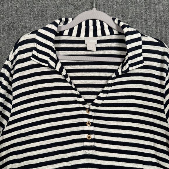 Chico's Size 3 Striped Linen Utility Tee Black White Roll Tab Sleeve Half Button - Picture 4 of 9
